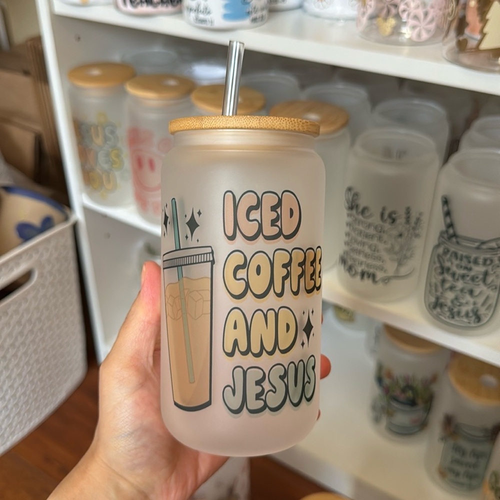 Ice Coffee And Jesus Can Glass Cup